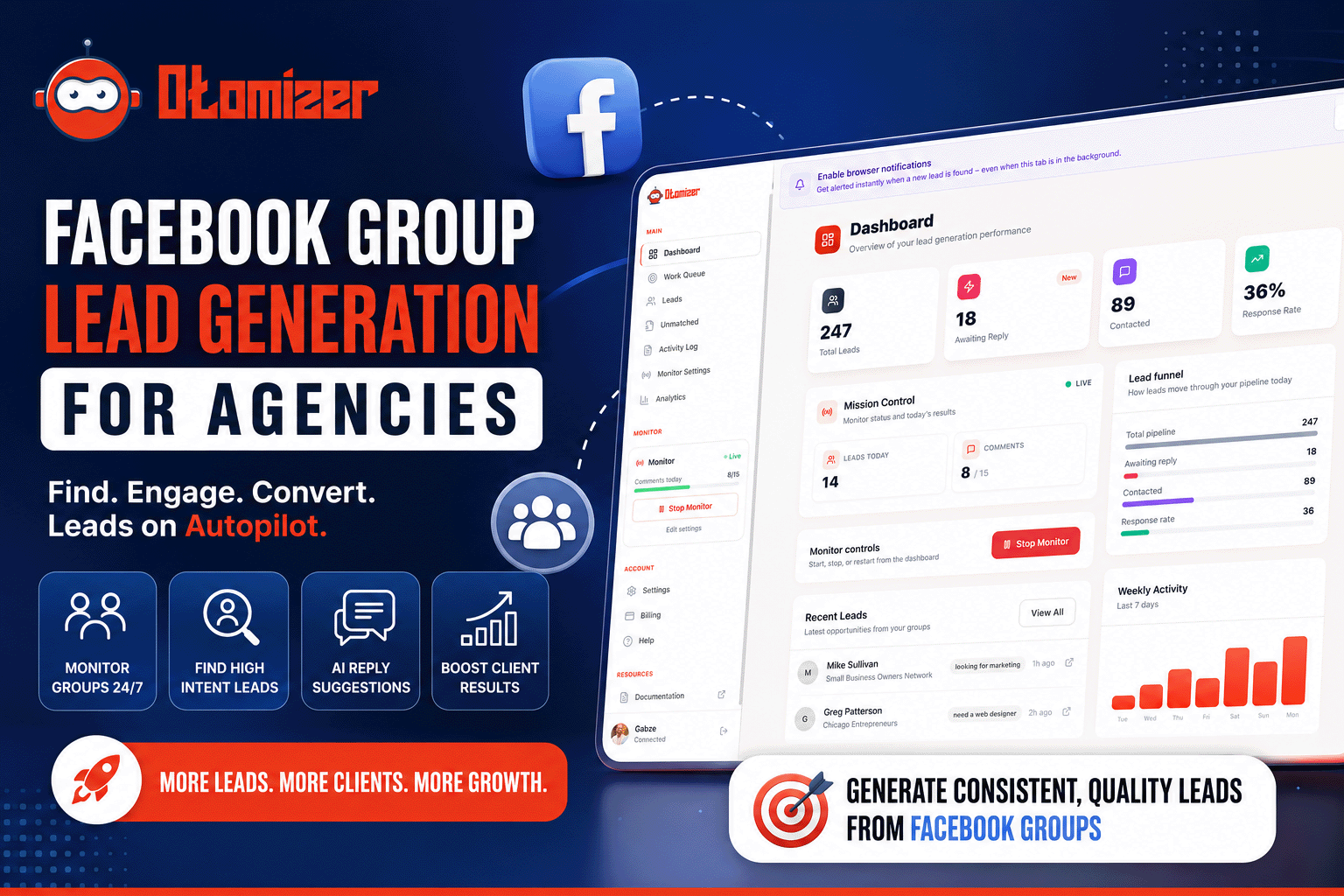 Agency dashboard showing Facebook group lead pipeline with Hot Warm Cold scoring