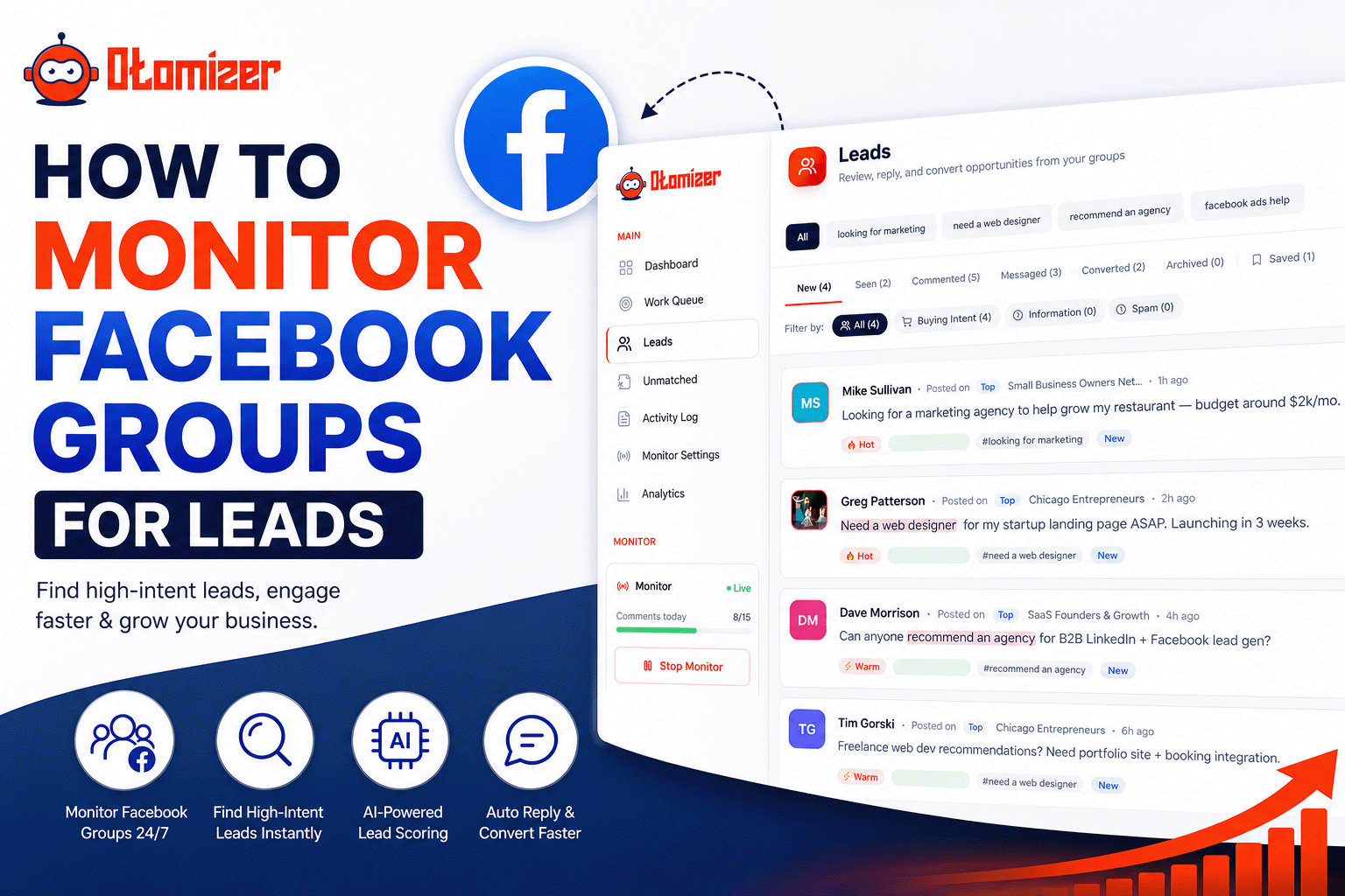 Otomizer dashboard showing Hot Warm Cold lead scoring for Facebook group posts