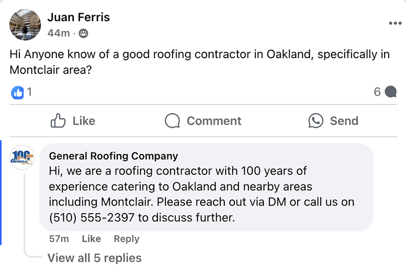 Facebook group post asking for a roofing contractor in Oakland Montclair, with an Otomizer reply mentioning 100 years of experience and local coverage.