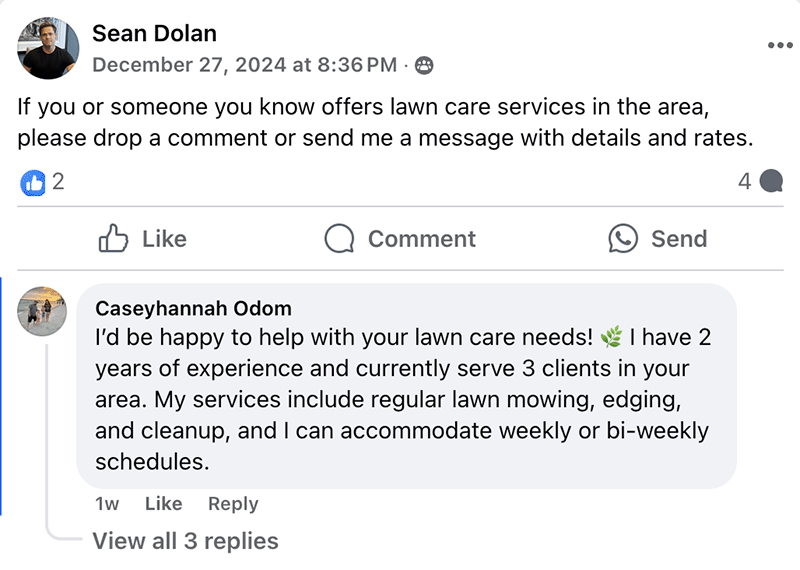 Facebook post requesting lawn care services, with an Otomizer reply offering mowing, edging, and cleanup with local client references.