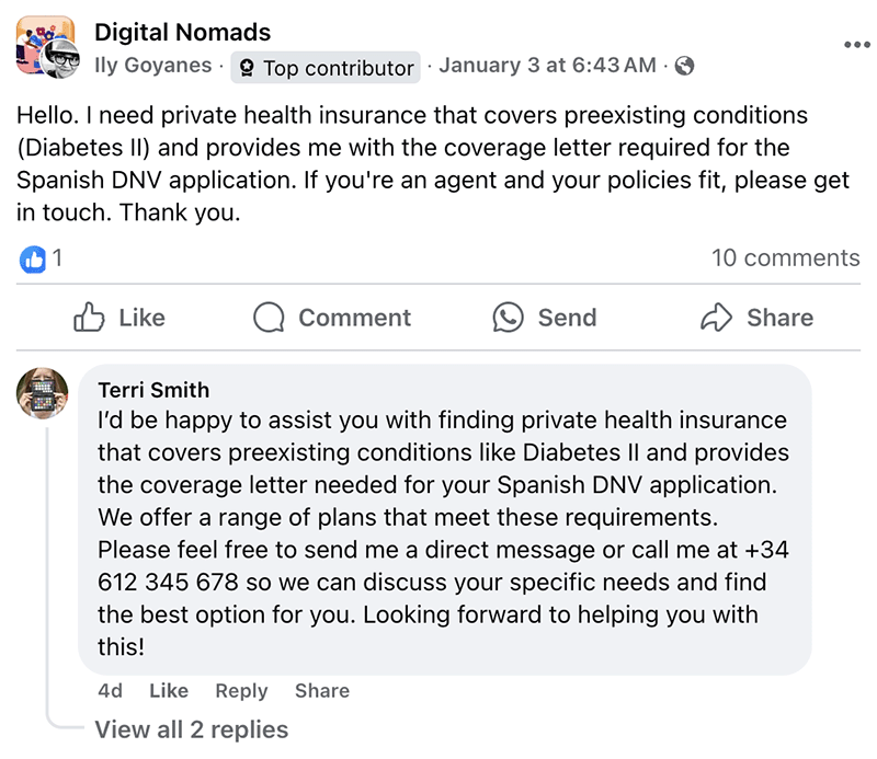 Digital Nomads group post seeking health insurance for Diabetes II and Spanish DNV application, with a personalized Otomizer reply covering preexisting conditions.