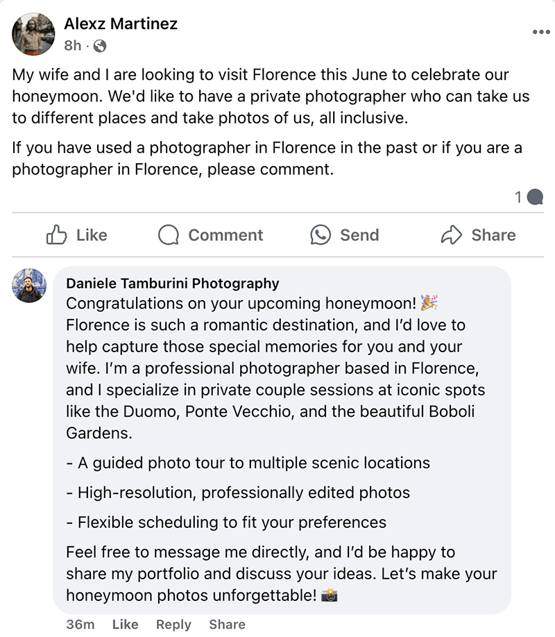 Facebook post looking for a honeymoon photographer in Florence, with an Otomizer reply offering a guided photo tour at Duomo, Ponte Vecchio, and Boboli Gardens.