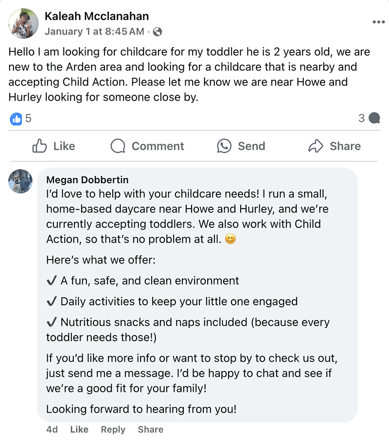 Facebook post seeking toddler childcare near Howe and Hurley accepting Child Action, with an Otomizer reply from a home-based daycare matching location and program.