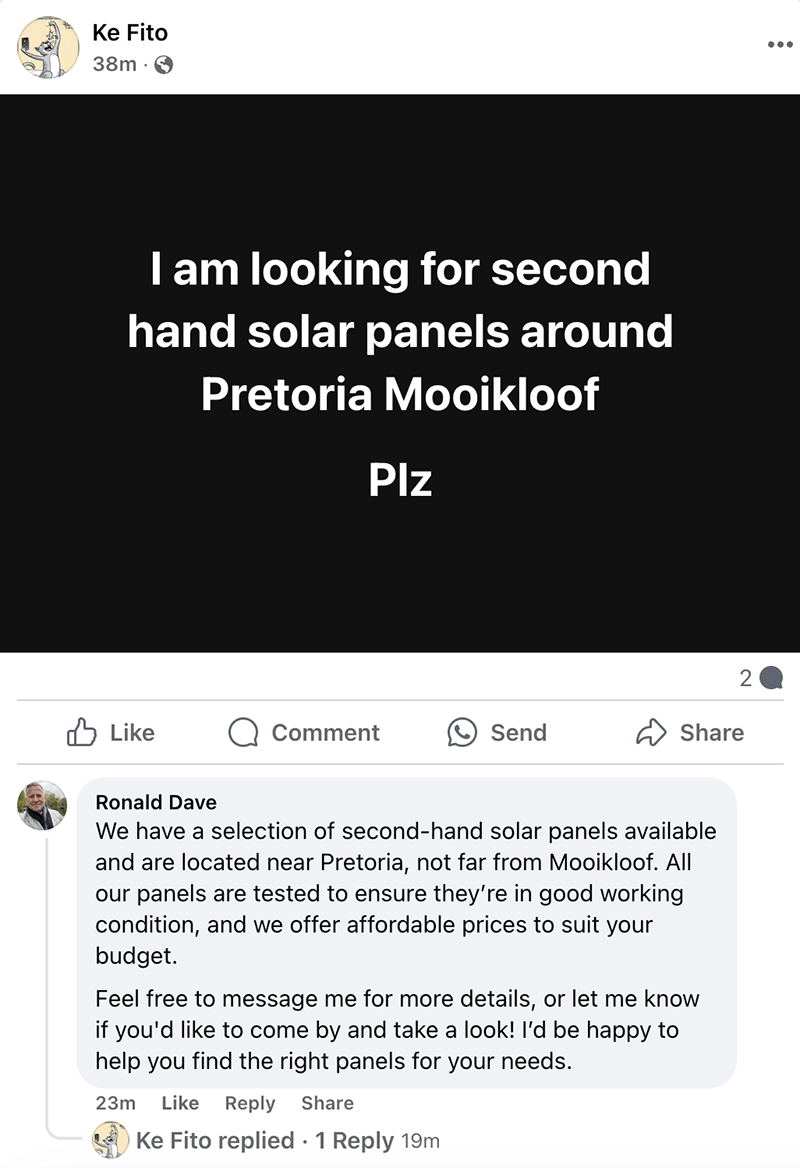 Facebook post looking for second-hand solar panels in Pretoria Mooikloof, with an Otomizer reply confirming availability, testing, and nearby location.